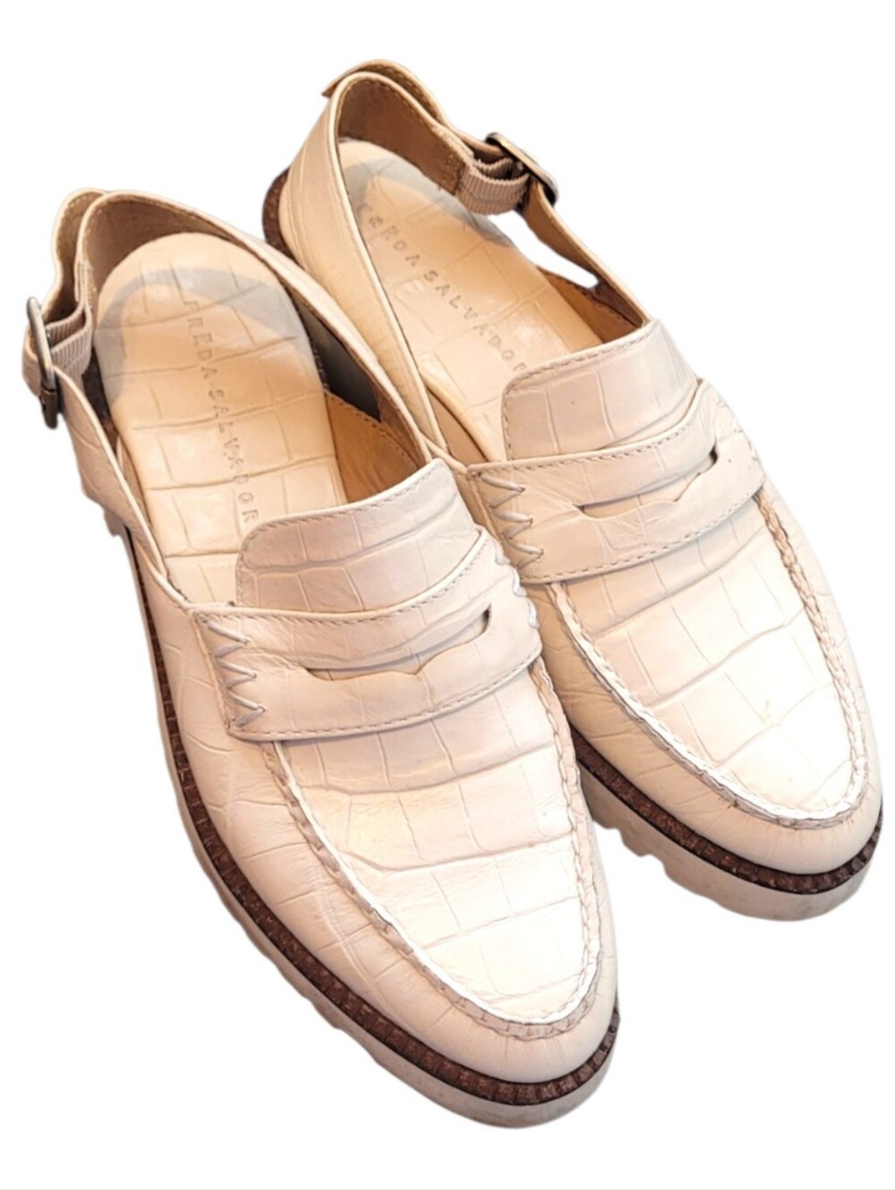 Freda Salvador CreamNeutral Croc-Embossed Leather Penny Loafers with Back Strap